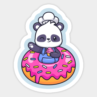 Cute Chef Panda With Donut Holding Cake Cartoon Sticker